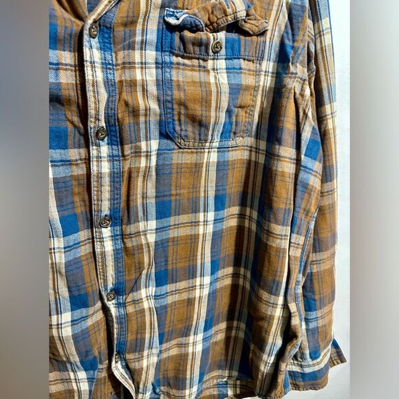 Men’s Faded Glory Flannel Brown Blue White Plaid Button-Down (699) - Picture 2 of 3